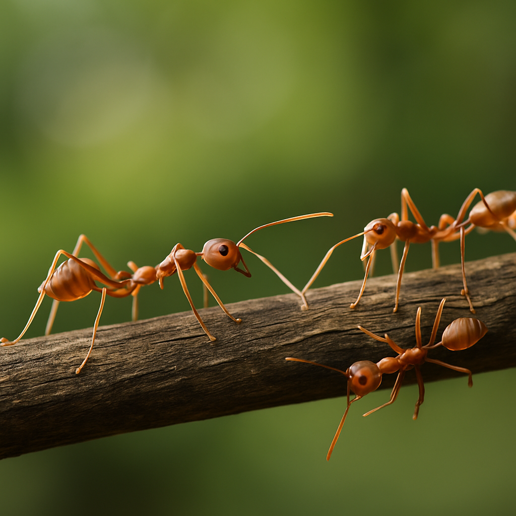 Close-up of reddish-brown ants crawling along a kitchen baseboard in a Florida home