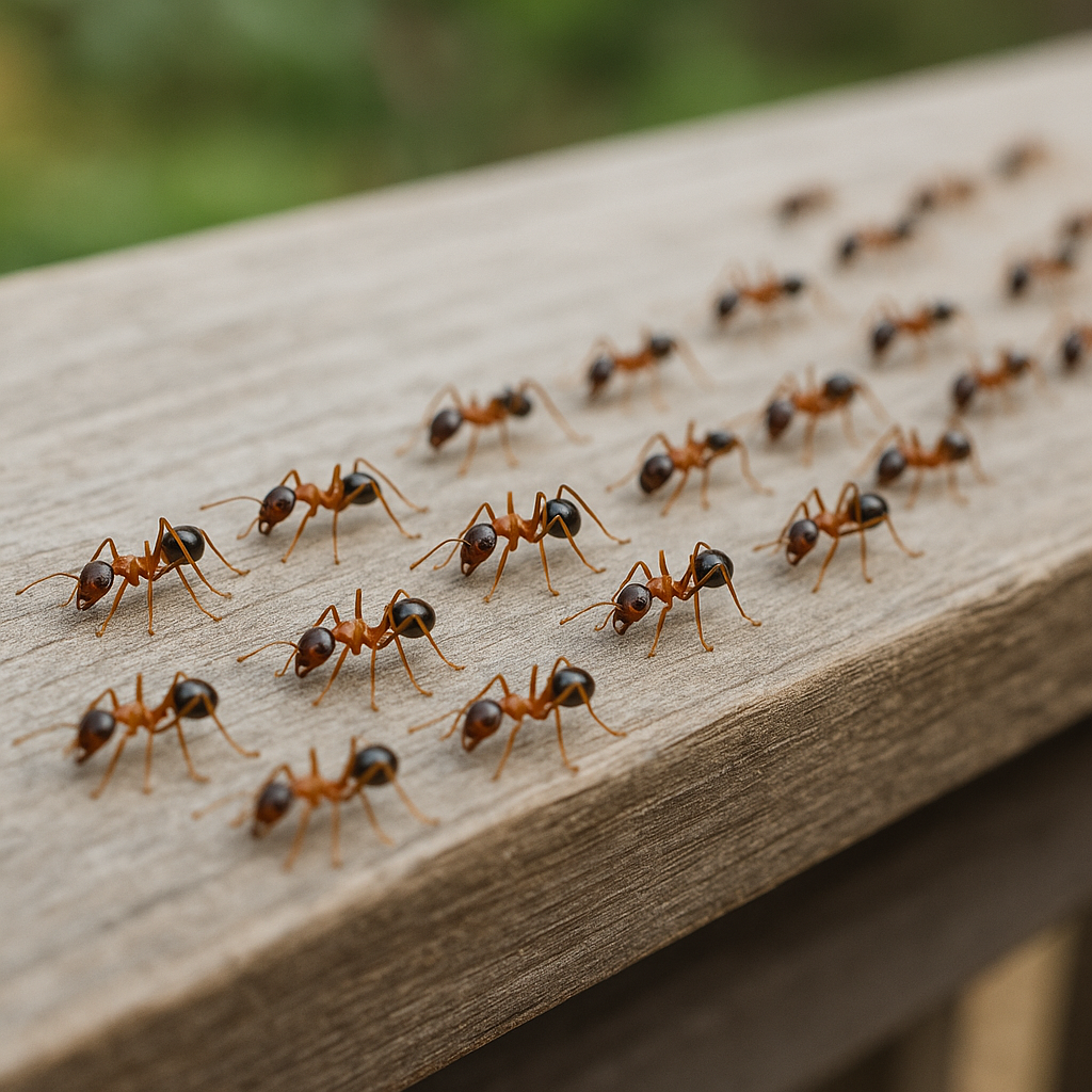 Pests We Treat Line of ants crawling along a fence railing, illustrating outdoor ant infestations treated by RexPest