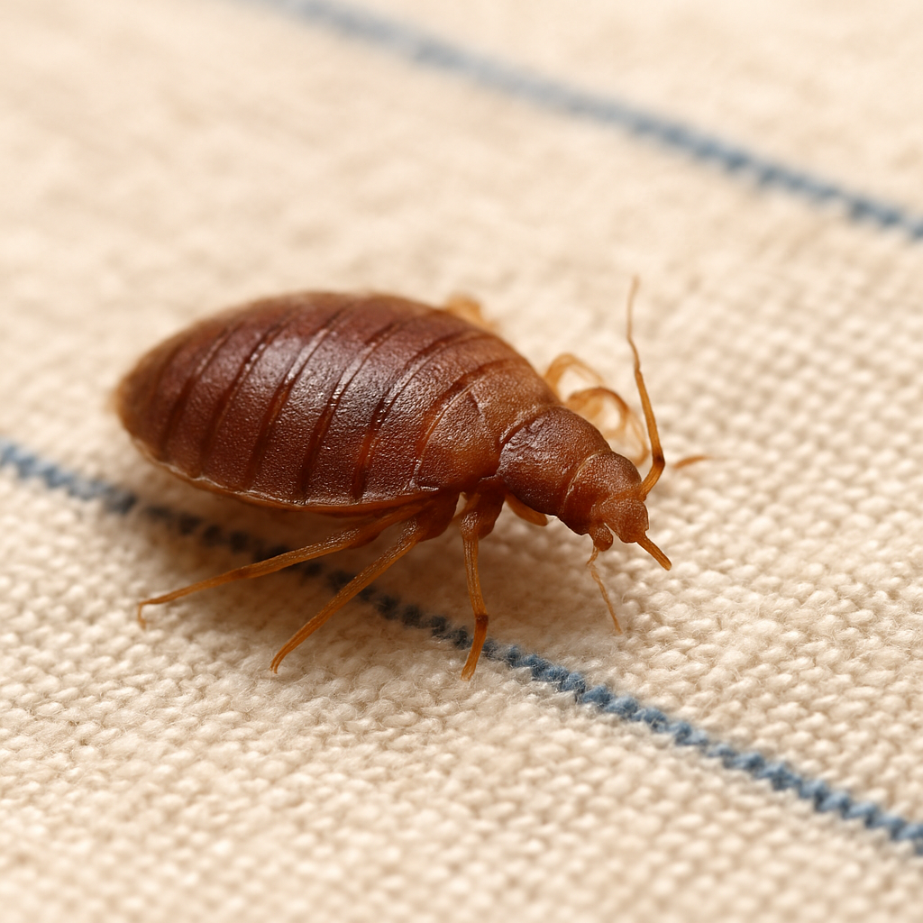 Bed Bugs (Cimex lectularius) Macro close-up of a bed bug on fabric fibers, showing the pest’s size and detail for identification