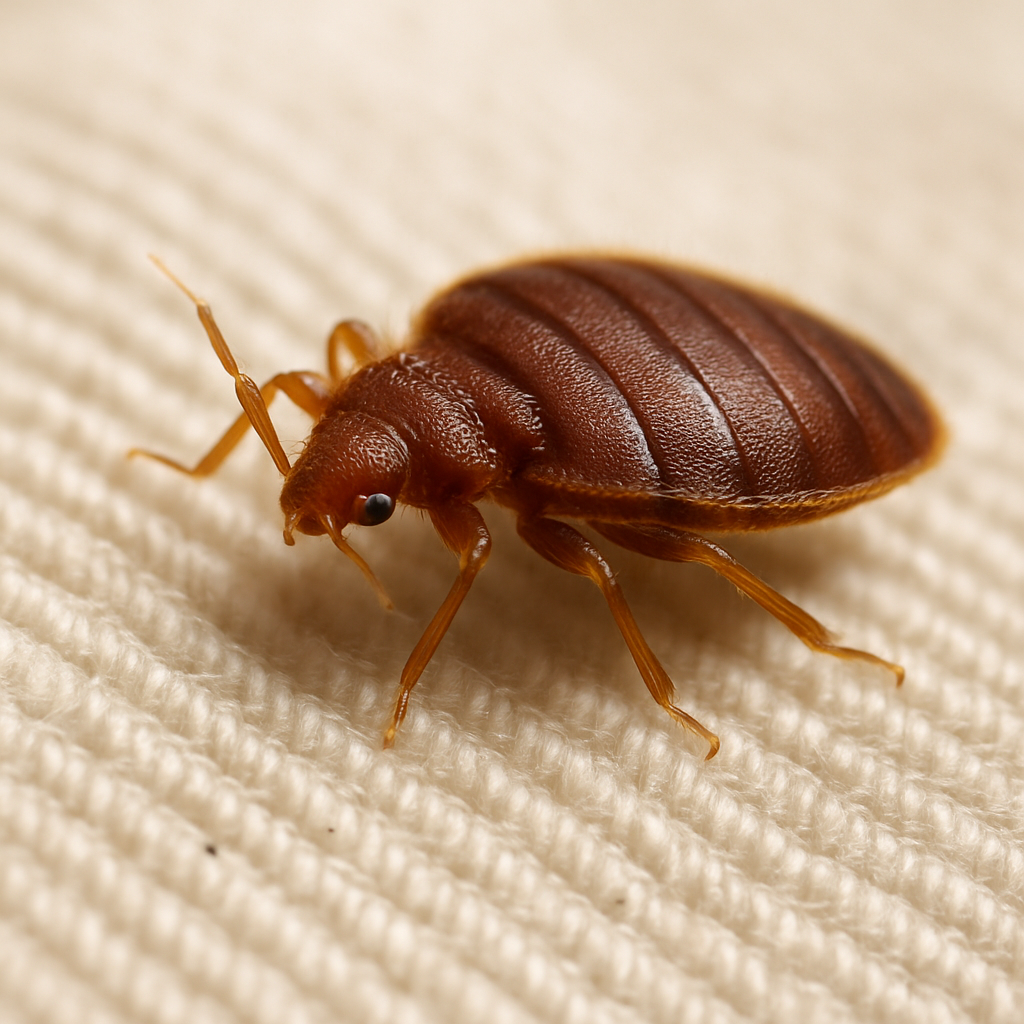 Pests We Treat Enlarged bed bug on a bed sheet, representing RexPest’s bed bug inspection and extermination services