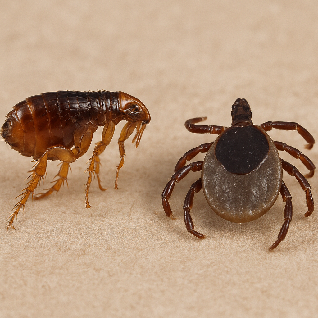 Pests We Treat Close-up of a flea and tick, representing RexPest’s flea and tick control services for homes and pets