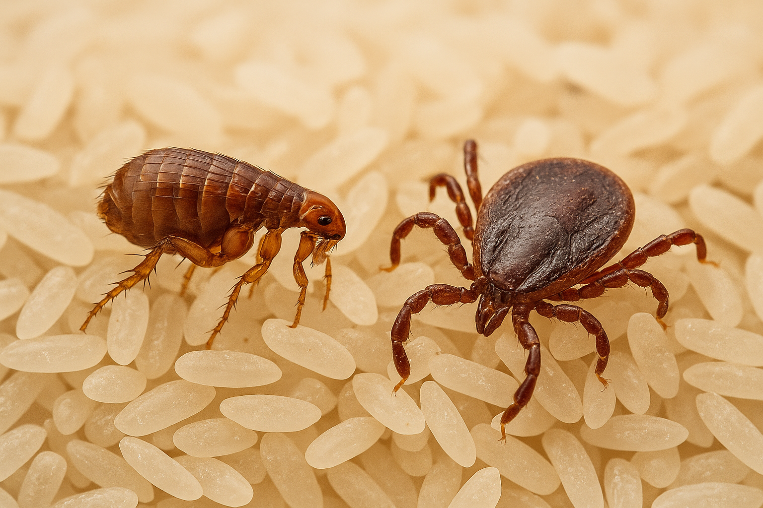 Fleas & Ticks (Siphonaptera & Ixodidae) Macro image of a flea and tick side-by-side on a pet's fur, representing infestation risk