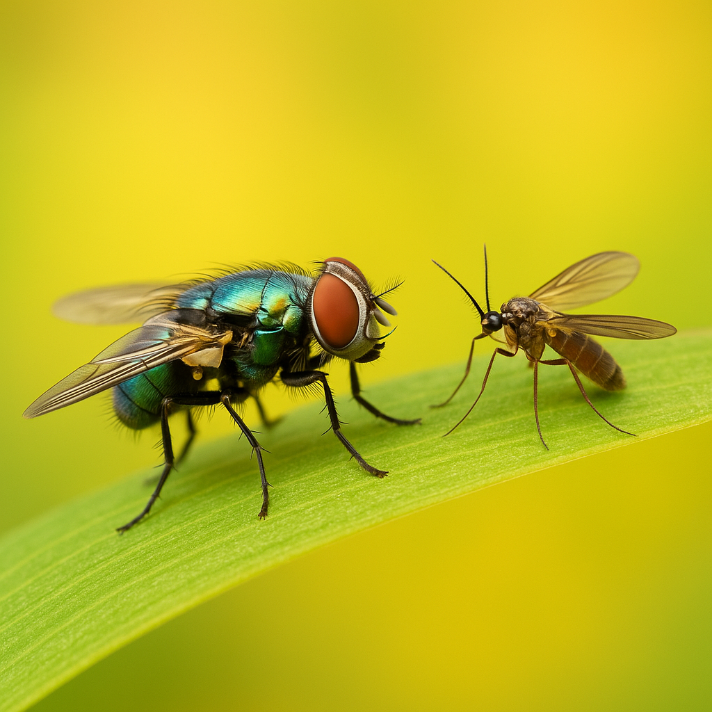 Close-up of a green bottle fly and a gnat on a leaf with a vibrant yellow background, highlighting common household pests