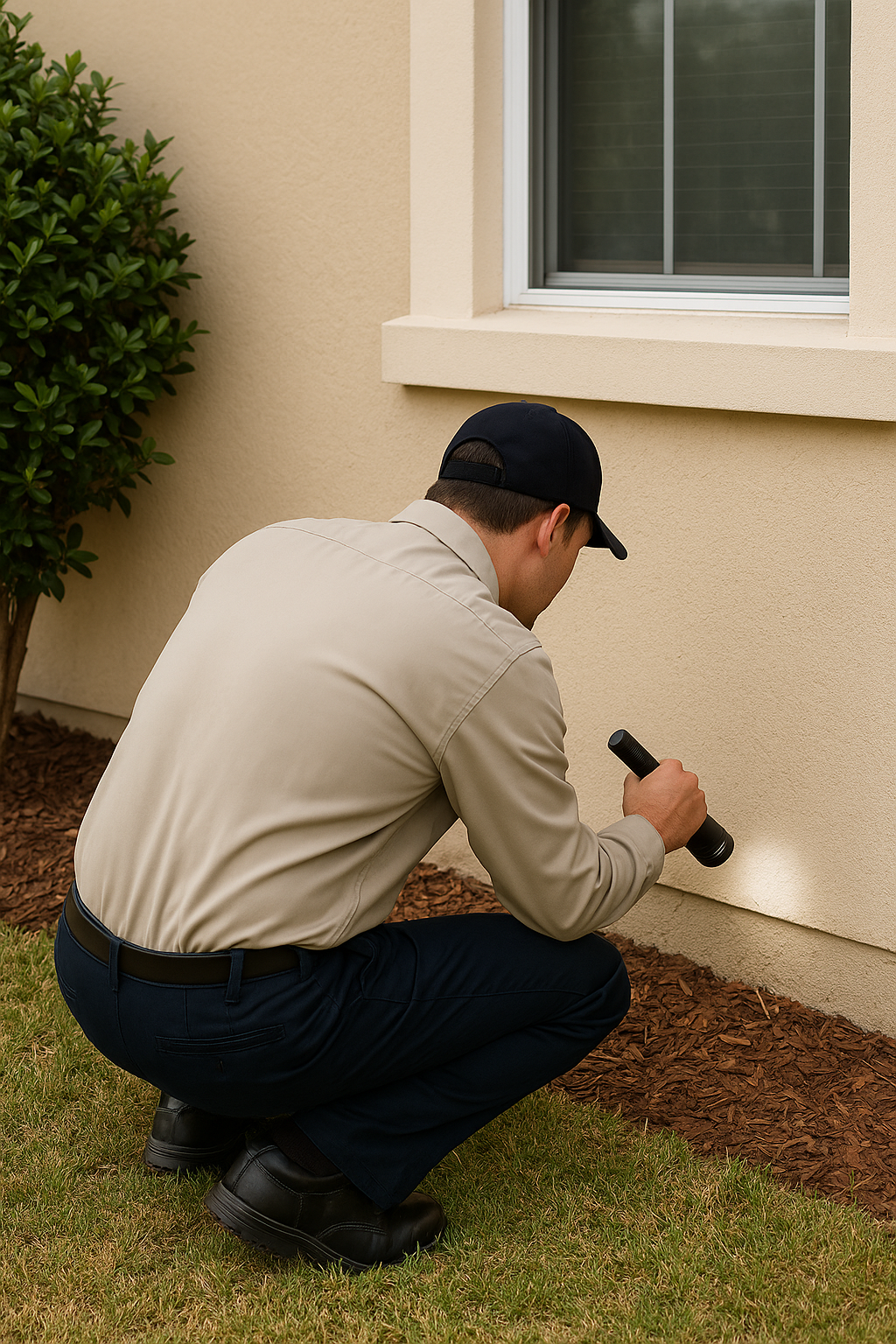 Free Inspections RexPest technician performing free termite inspection on Florida home exterior