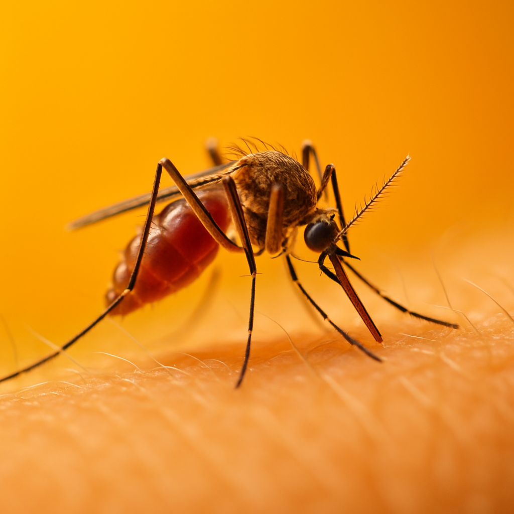 Macro image of a mosquito feeding on human skin with a vibrant green background, symbolizing outdoor infestation