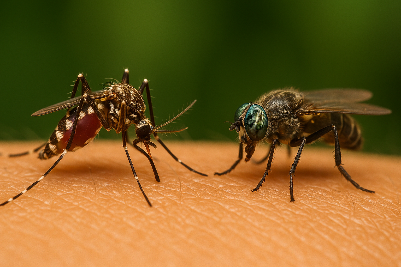 Pests We Treat Close-up of mosquitoes biting human skin, highlighting RexPest's mosquito control services