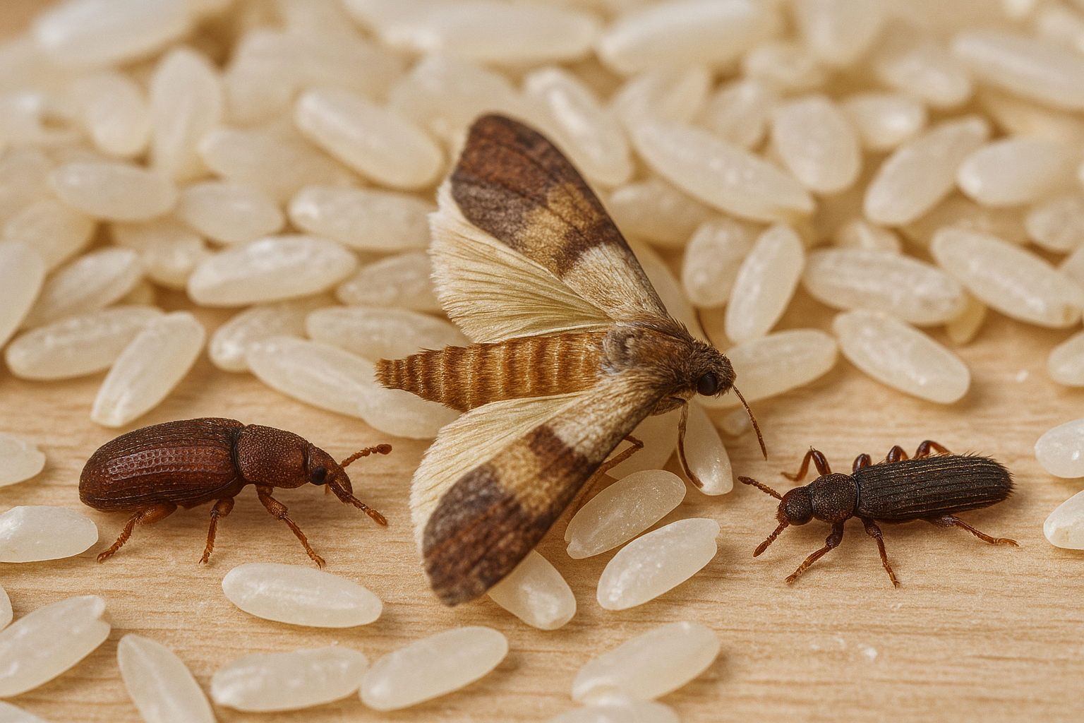Pests We Treat Pantry pests crawling on rice, highlighting RexPest’s pantry pest inspection and treatment services