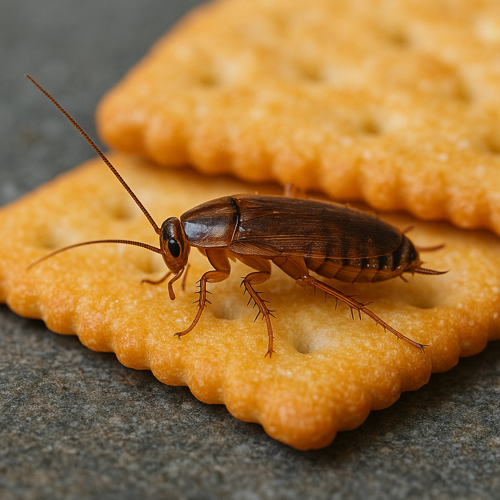 Pests We Treat German cockroach on a cracker, highlighting RexPest’s kitchen pest control and roach extermination services