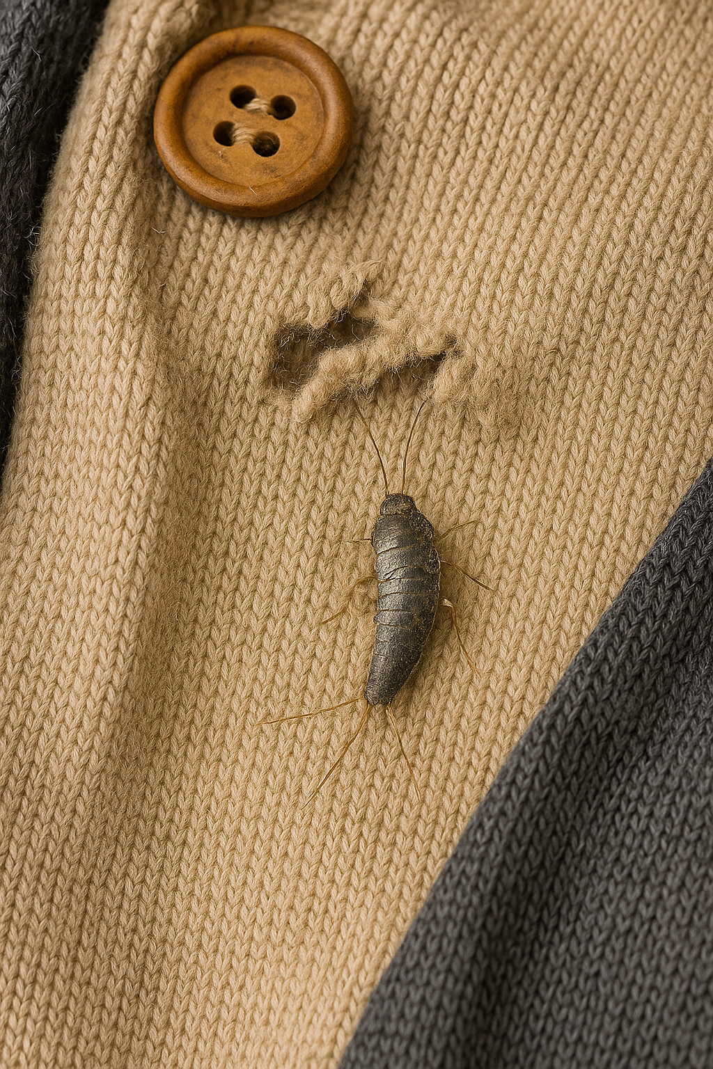 Silverfish crawling on a damaged wool sweater inside a closet, showing signs of textile damage