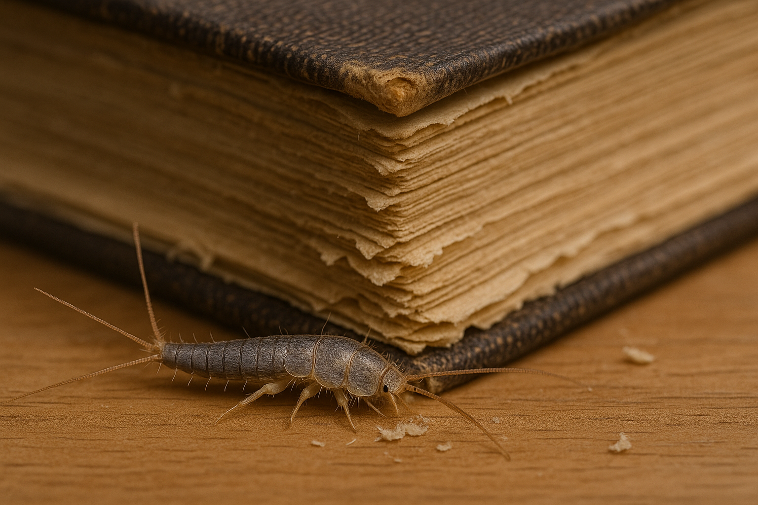 Pests We Treat Silverfish next to a damaged historic book, showing the harm these pests can cause to paper and belongings
