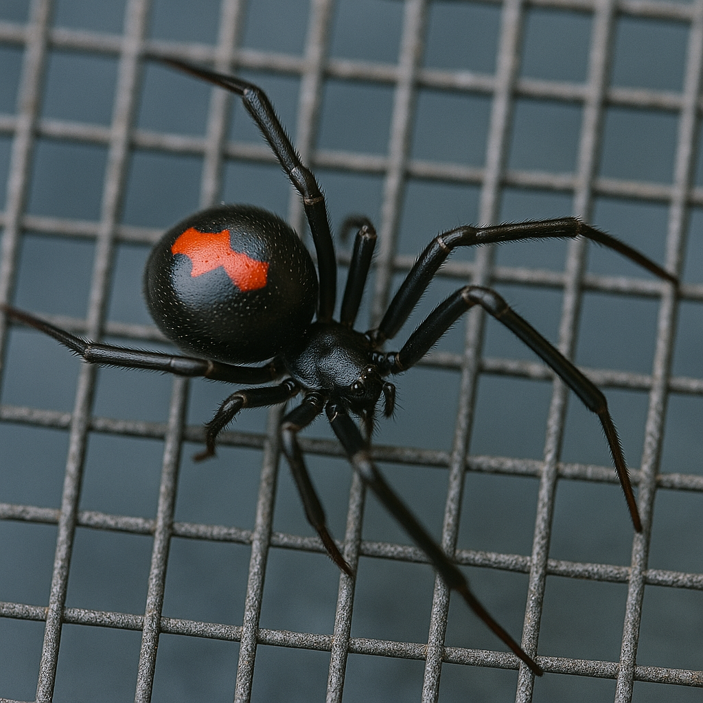 Pests We Treat Black widow spider resting on a window screen, illustrating RexPest's spider and black widow control services