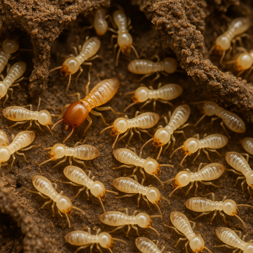 Subterranean termites inside wood galleries, highlighting hidden infestations treated by RexPest