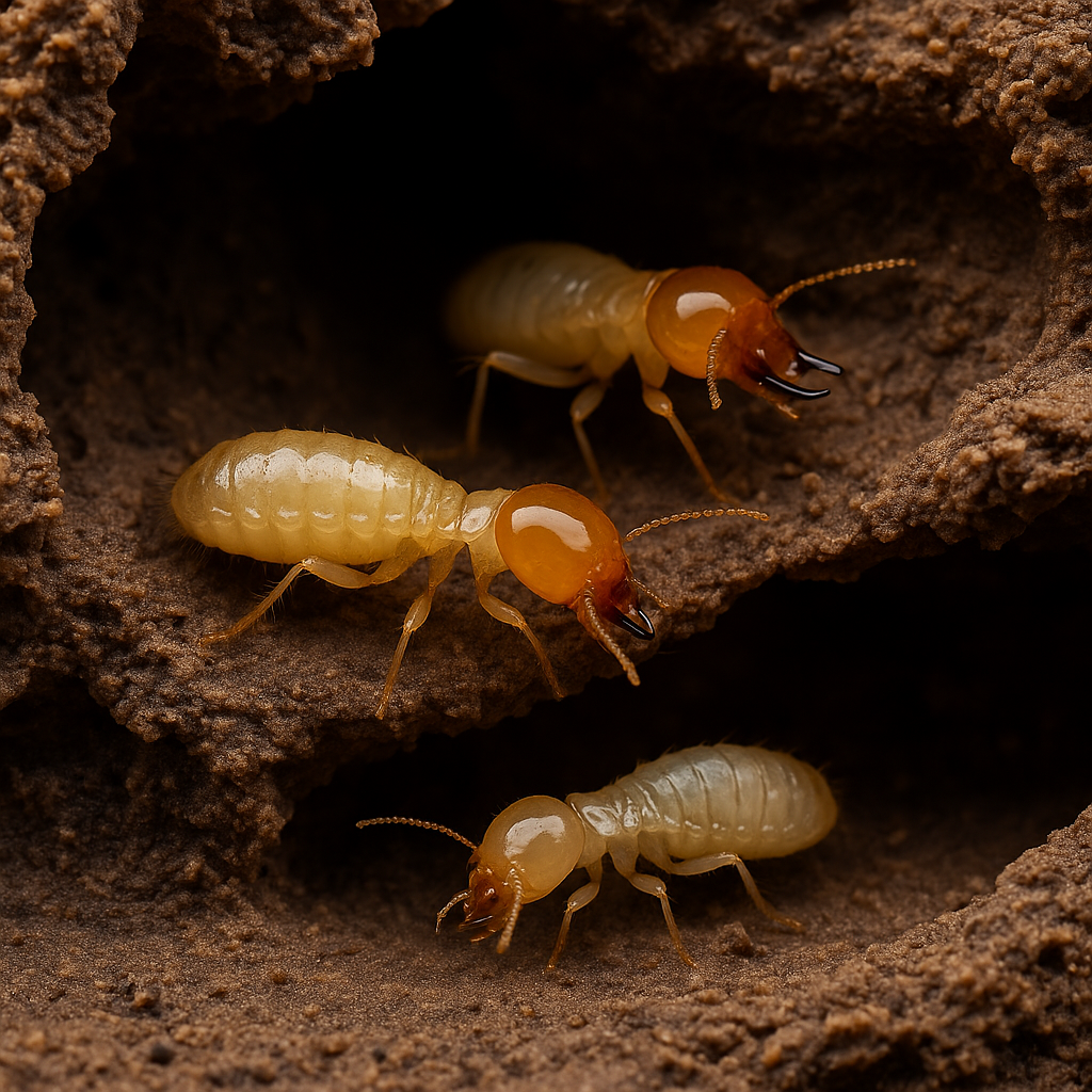 Termites (Isoptera) Close-up of subterranean termites in soil tunnels near wood, a sign of infestation