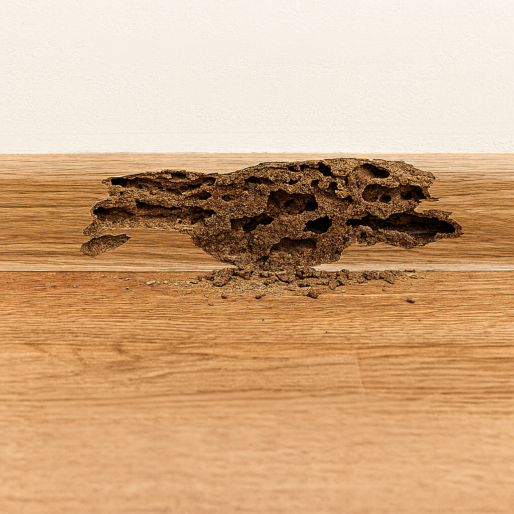 Termite Treatment Spring Hill Termite damage beneath a wooden baseboard showing hollowed-out wood and mud tunnels from subterranean termites