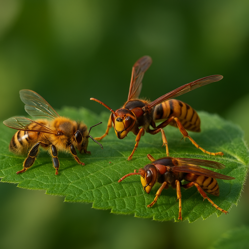 Close-up photo of a honey bee, a wasp, and a hornet on a green leaf, representing common stinging insect threats in Spring Hill