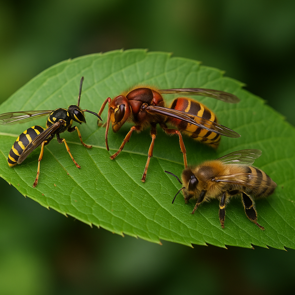 Pests We Treat Honey bee, wasp, and hornet on a leaf, representing stinging insect identification and control by RexPest