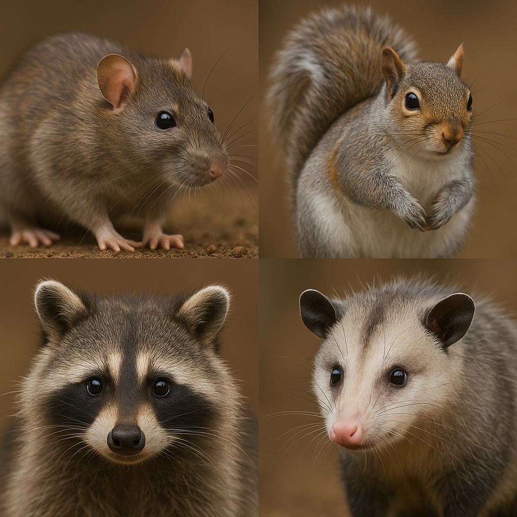 Rat, raccoon, opossum, and squirrel representing RexPest's rodent and wildlife control services