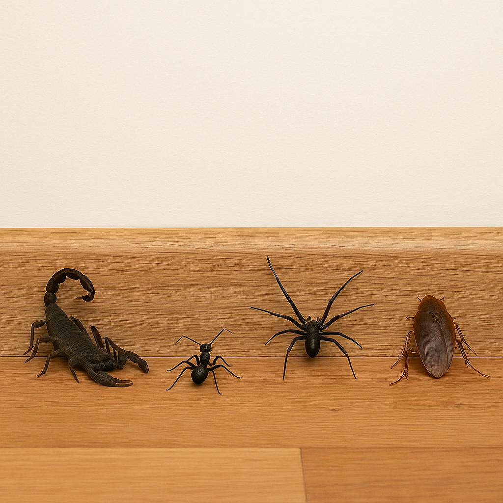 Illustration of common household pests including ant, roach, spider, and scorpion representing year-round pest protection by RexPest